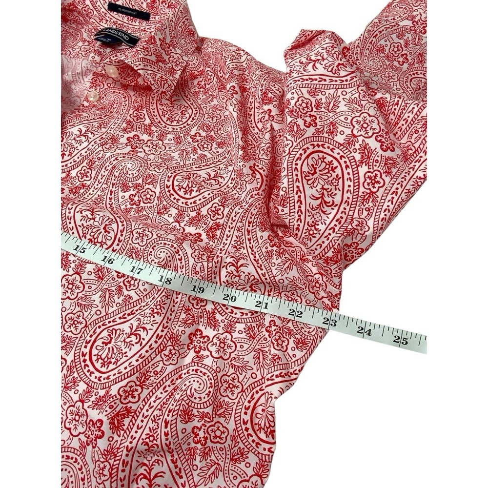Lands' End Supima No Iron Cotton Paisley Floral Button Up Shirt Red White Sz 16 - Picture 9 of 14